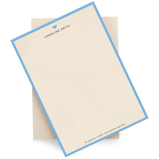 Personalised Blue Border with Heart Stationery Set. Lovely thick A5 Writing paper and matching envelopes. Vintage Style letter writing.