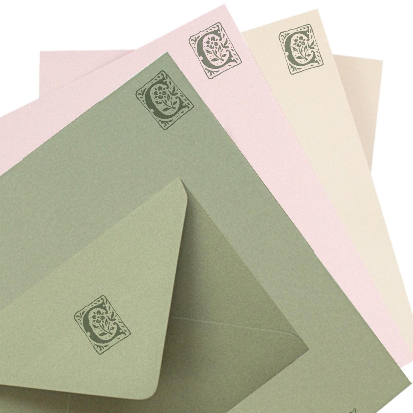 Personalised Medieval Monogram Stationery Set. Thick A5 Writing paper and matching printed envelopes. Green, Pink or Almond paper.