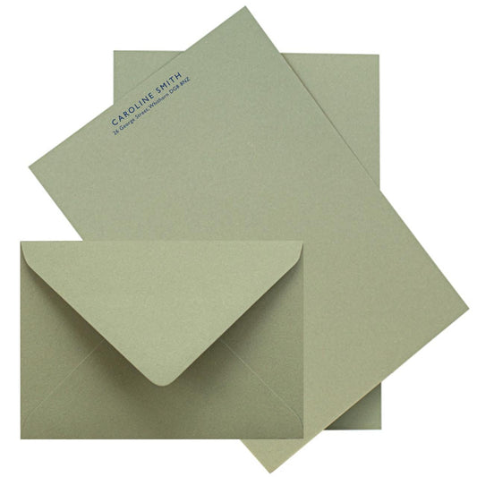 Personalised Simple Text Stationery Set. Thick A5 Writing paper and matching plain envelopes. Moss green or Dusky Blue paper.