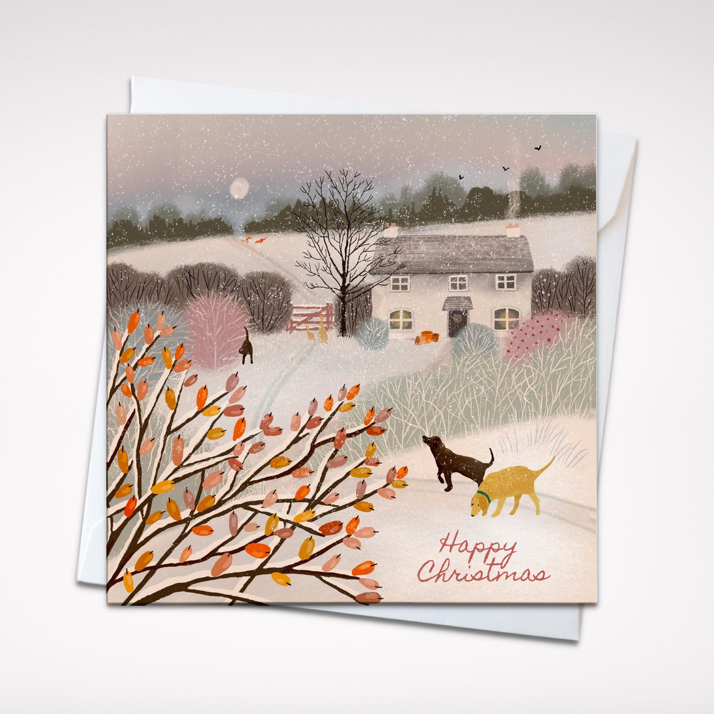 Ivy Cottage Christmas Card, Countryside winter scene. Perfect card for dog lovers. Can be personalised.