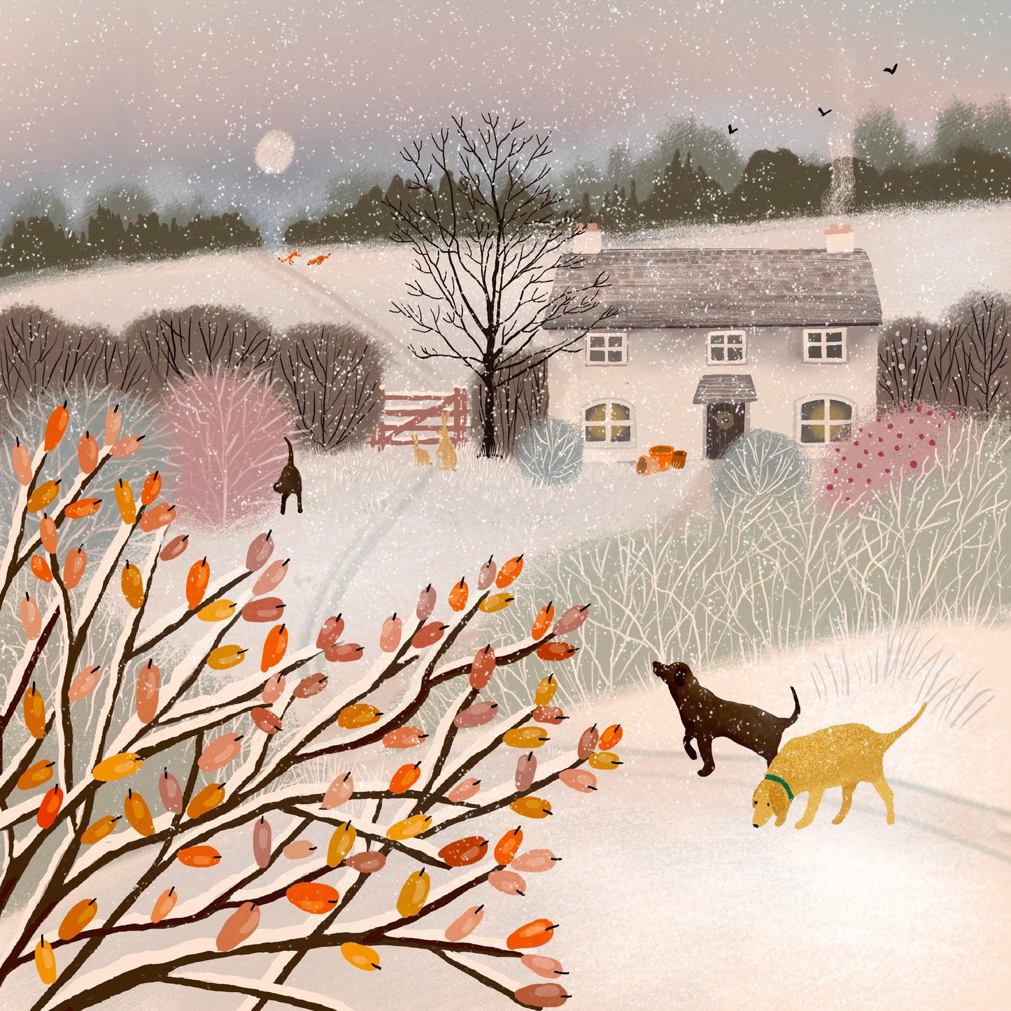 Ivy Cottage Christmas Card, Countryside winter scene. Perfect card for dog lovers. Can be personalised.