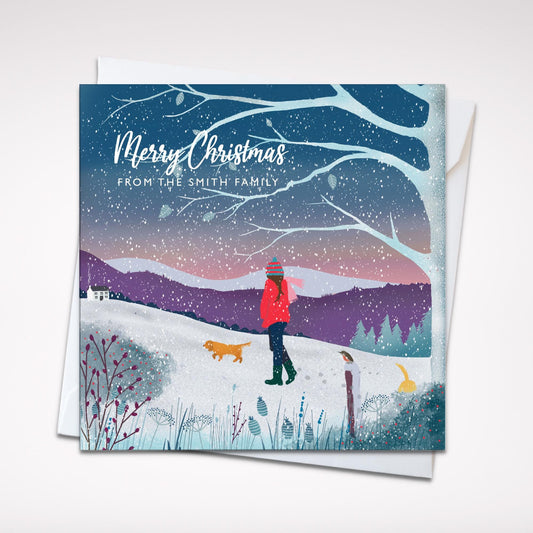 Snowy Hills, Countryside Winter Christmas Card. Featuring winter walks with dogs. Can be personalised.