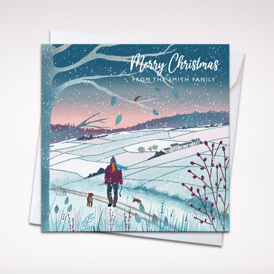 Snowy Fields, Countryside Winter Christmas Card. eaturing winter walks with dogs. Can be personalised