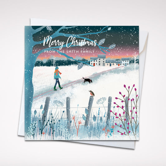 Snowy Walk, Galloway Winter Christmas Card. Made in Scotland. Featuring winter walks with dogs.
