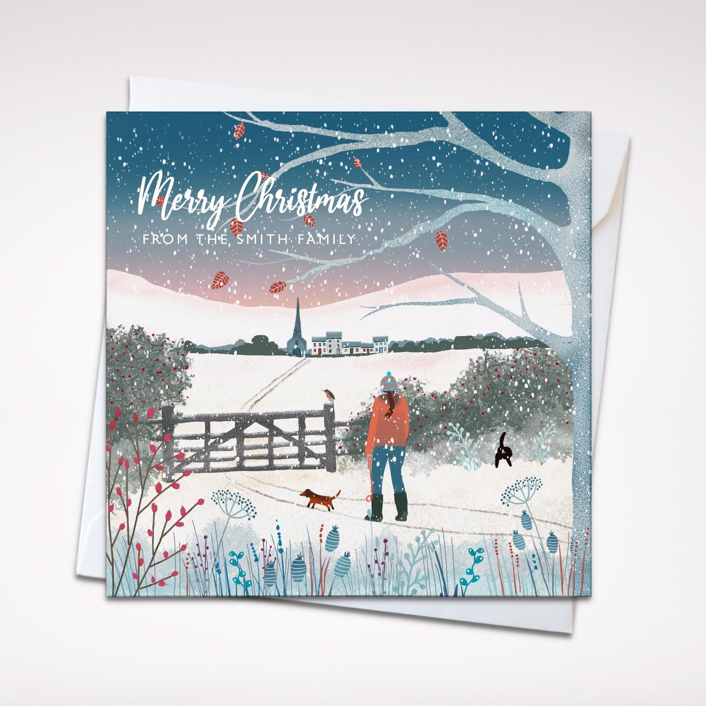 Snowy Village, Winter Country Scene Christmas Card. Featuring winter walks with dogs. Can be personalised.