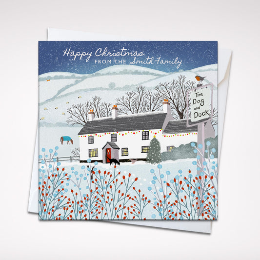 Christmas card, The Dog & Duck Pub, A Country Christmas. Cards from original art featuring cosy country scenes, Can be personalised.
