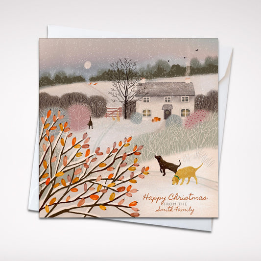 Ivy Cottage Christmas Card, Countryside winter scene. Perfect card for dog lovers. Can be personalised.