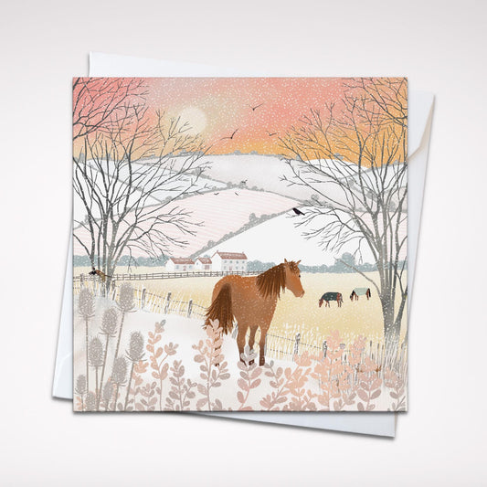 Snow Ponies Christmas card. Winter card. Can be personalised. Greetings cards handmade. Scottish winter landscape. Seasonal card.