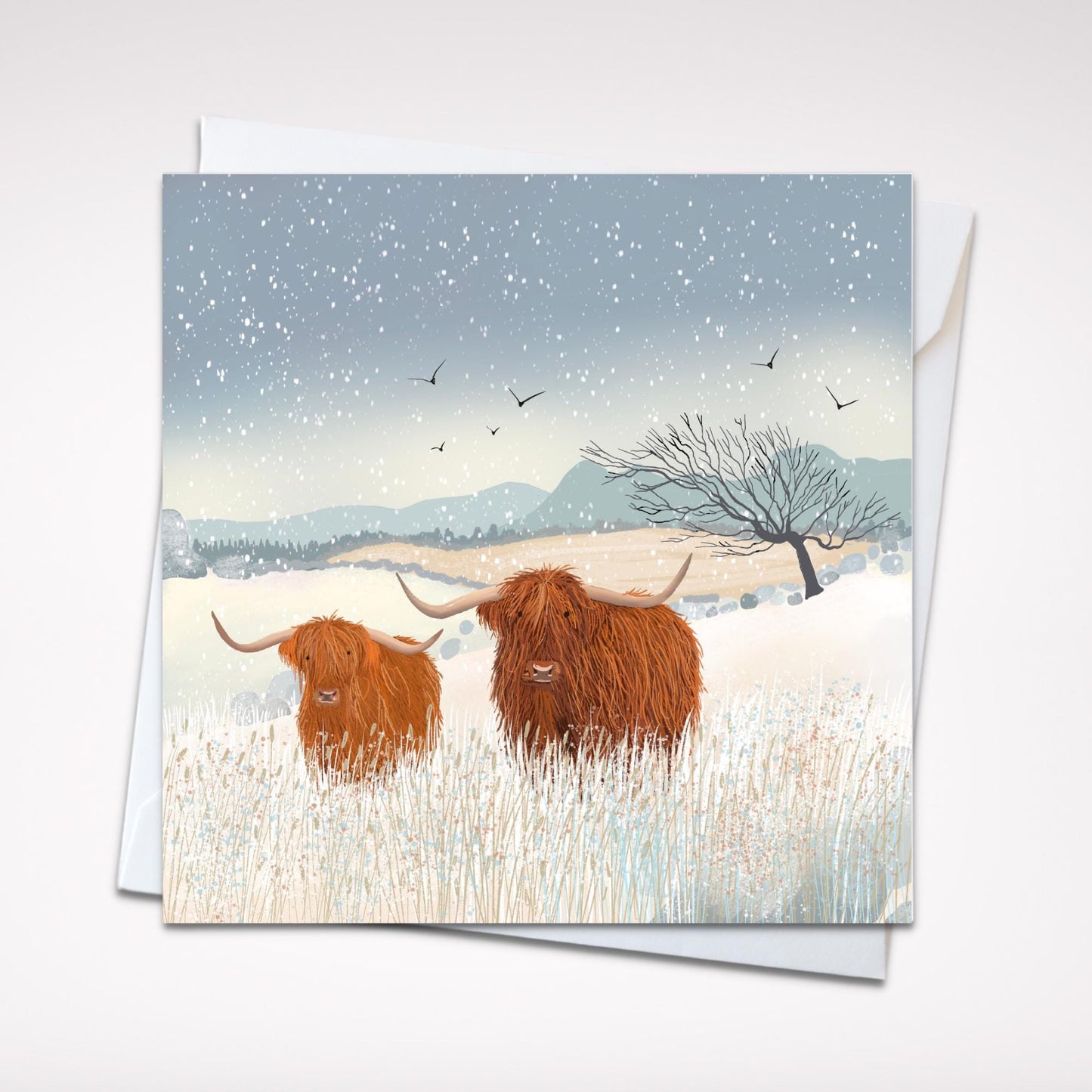 Highland Cow Christmas card. Winter card. Greetings cards handmade. Can be personalised. Scottish highland winter landscape. Seasonal card.