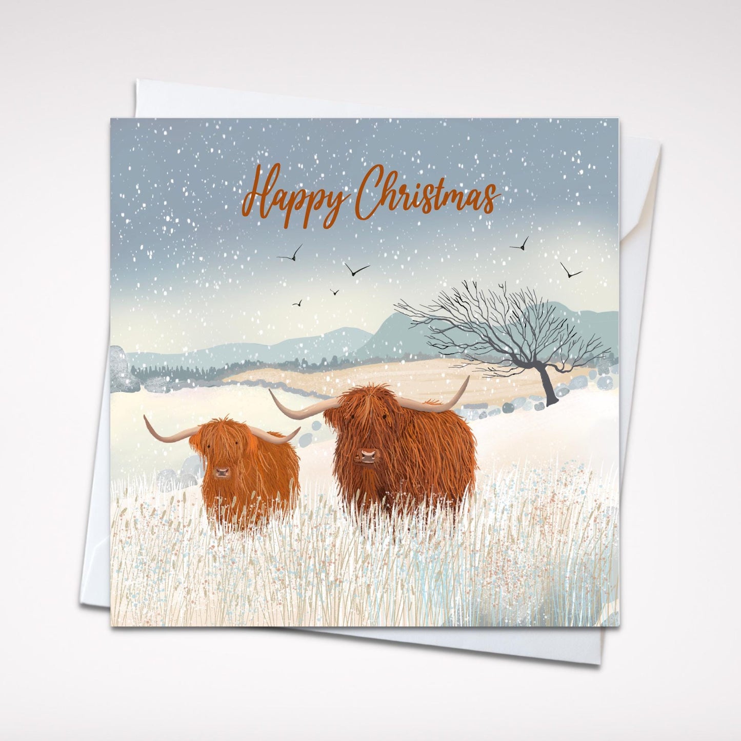 Highland Cow Christmas card. Winter card. Greetings cards handmade. Can be personalised. Scottish highland winter landscape. Seasonal card.