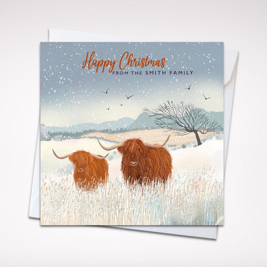 Highland Cow Christmas card. Winter card. Greetings cards handmade. Can be personalised. Scottish highland winter landscape. Seasonal card.
