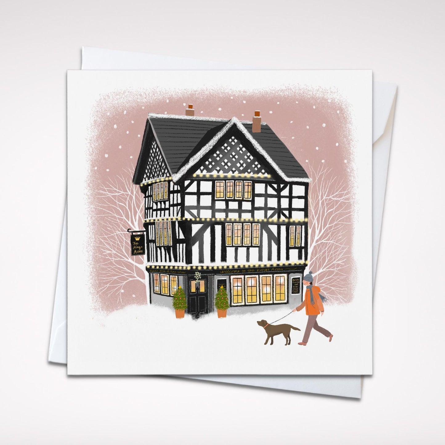 The Kings Arms Christmas Card. Christmas Shopfronts. Can be personalised. Traditional British Pub