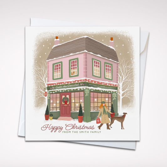 Cafe du Chocolat Christmas Card. Christmas Shopfronts. Can be personalised