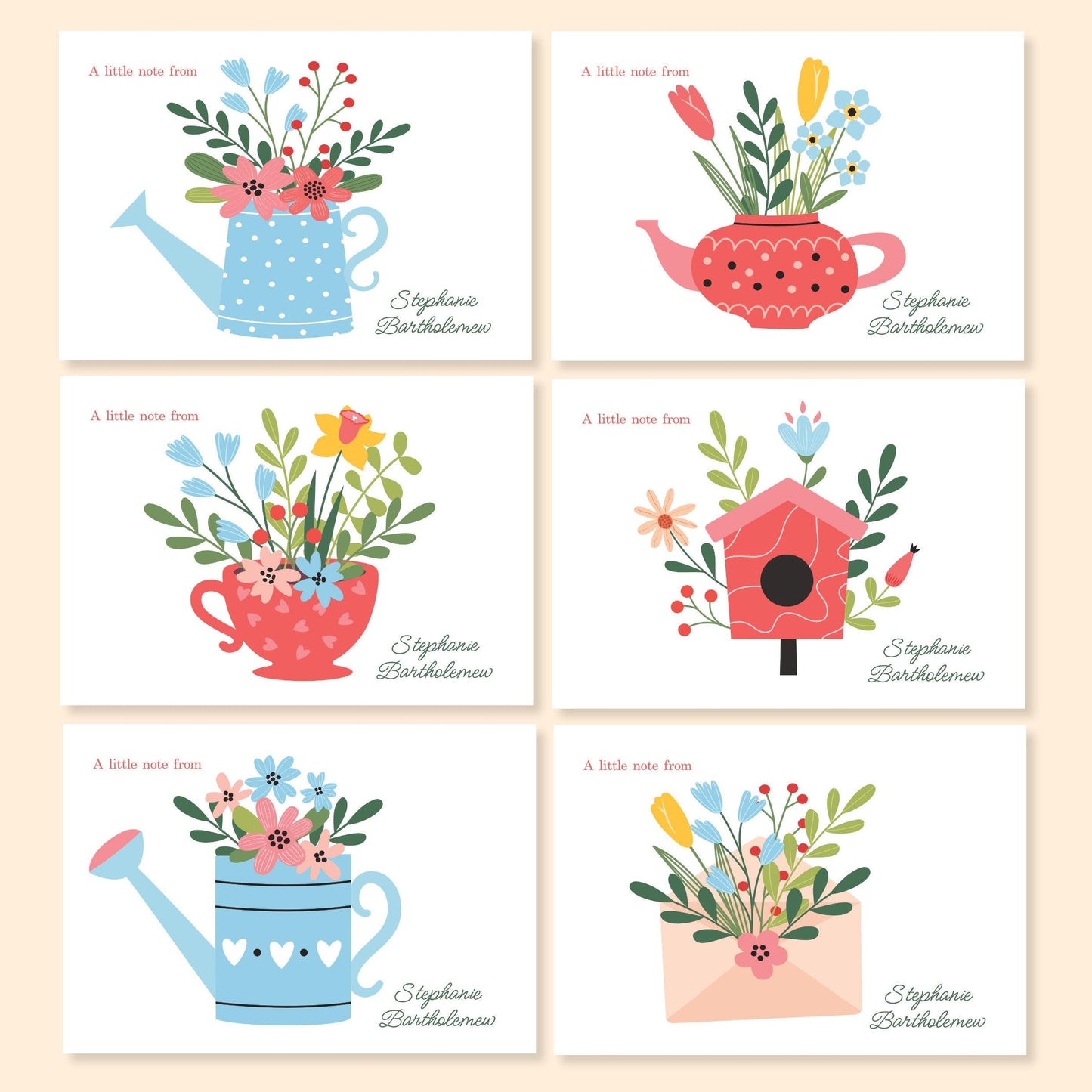 Pack of 12 Colourful, floral design cream or white Correspondence Notecards and envelopes. Two each of six designs.