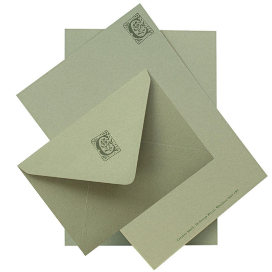 Personalised Medieval Monogram Stationery Set. Thick A5 Writing paper and matching printed envelopes. Green, Pink or Almond paper.