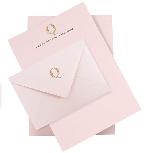 Personalised Colourful Flower Monogram Stationery Set. Thick A5 Writing paper and matching printed envelopes. Grey, Pink or Almond paper.