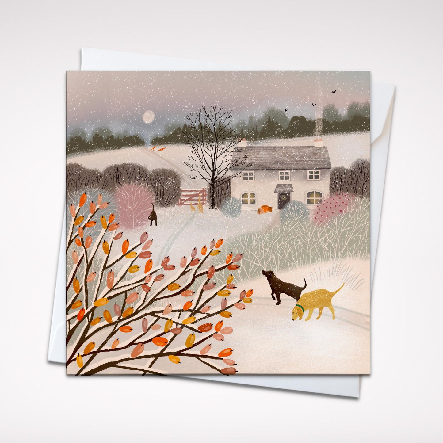 Ivy Cottage Christmas Card, Countryside winter scene. Perfect card for dog lovers. Can be personalised.