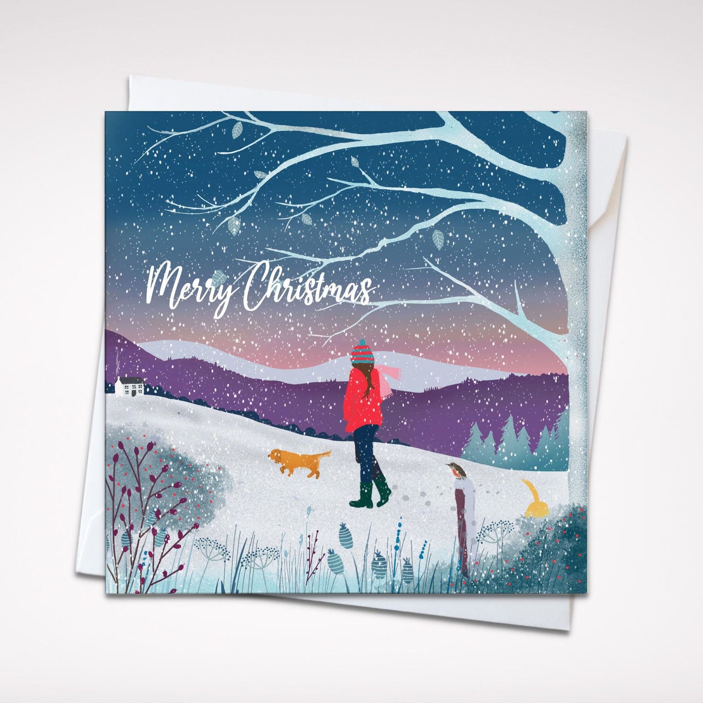 Snowy Hills, Countryside Winter Christmas Card. Featuring winter walks with dogs. Can be personalised.