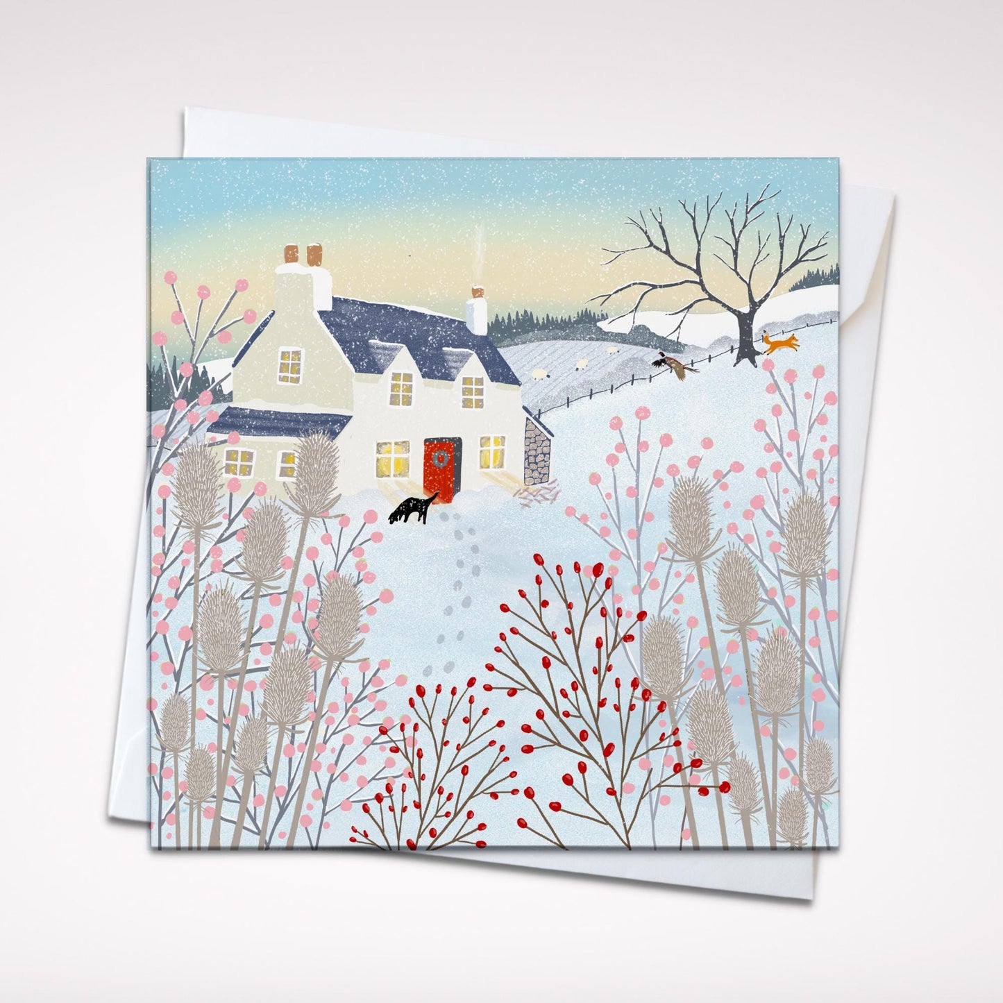 Christmas card, Pheasant Cottage, A Country Christmas. Cards from original art featuring cosy country scenes, Can be personalised.