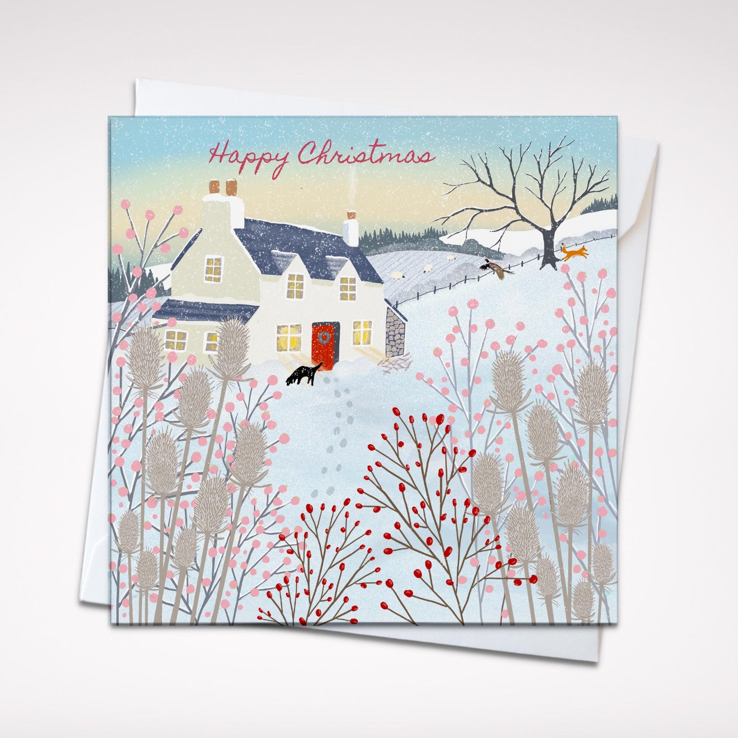 Christmas card, Pheasant Cottage, A Country Christmas. Cards from original art featuring cosy country scenes, Can be personalised.
