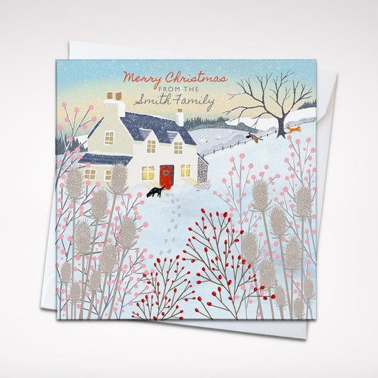 Christmas card, Pheasant Cottage, A Country Christmas. Cards from original art featuring cosy country scenes, Can be personalised.