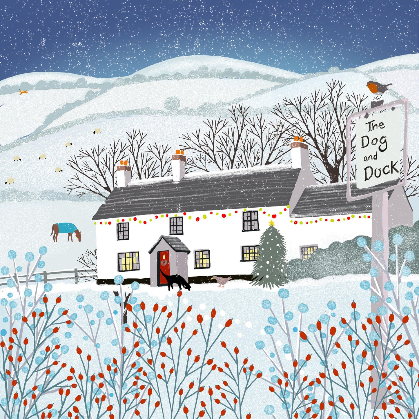 Christmas card, The Dog & Duck Pub, A Country Christmas. Cards from original art featuring cosy country scenes, Can be personalised.
