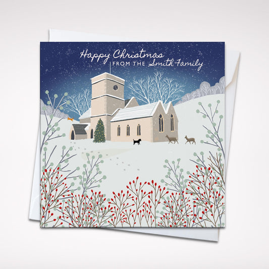 Christmas card, The Parish Church, A Country Christmas. Cards from original art featuring cosy country scenes, Can be personalised.