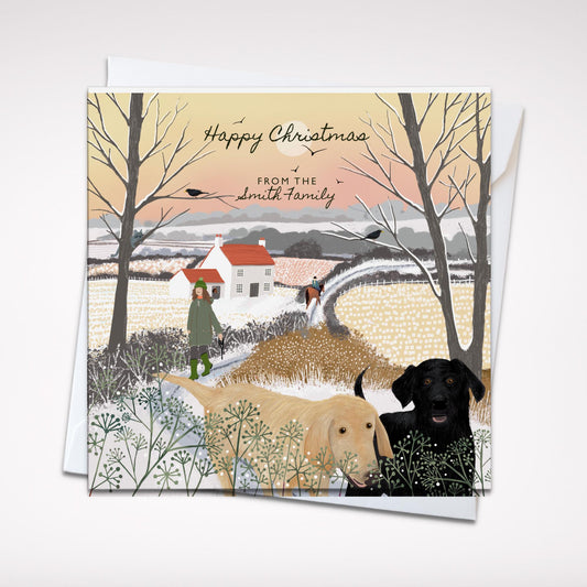 Best Buddies Christmas Card, Happy Labradors winter scene. Perfect card for dog lovers. Can be personalised.