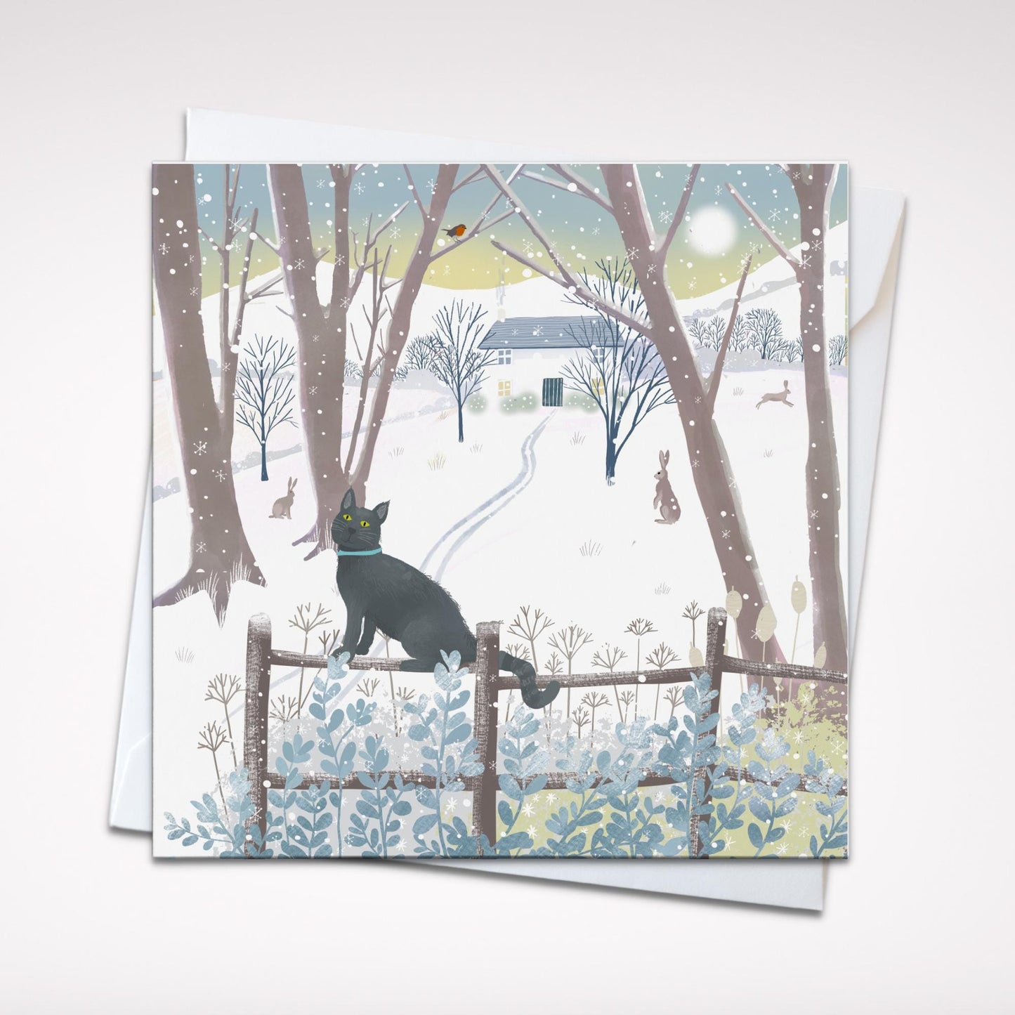 Cat Christmas card. Winter card. Can be personalised. Scottish winter landscape. Seasonal card. Winter cottage.