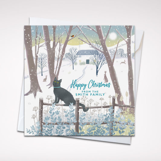 Cat Christmas card. Winter card. Can be personalised. Scottish winter landscape. Seasonal card. Winter cottage.