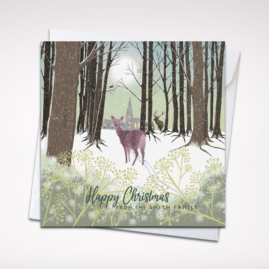 Winter Stag and Deer Christmas card. Winter card. Greetings cards. Can be personalised. Scottish forest winter landscape.