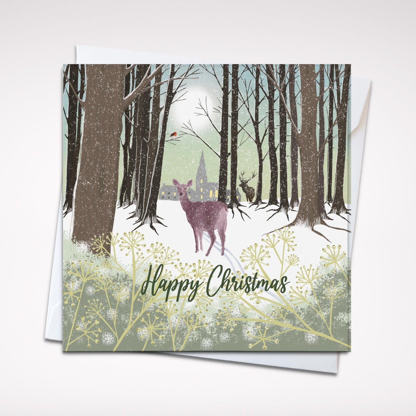 Winter Stag and Deer Christmas card. Winter card. Greetings cards. Can be personalised. Scottish forest winter landscape.