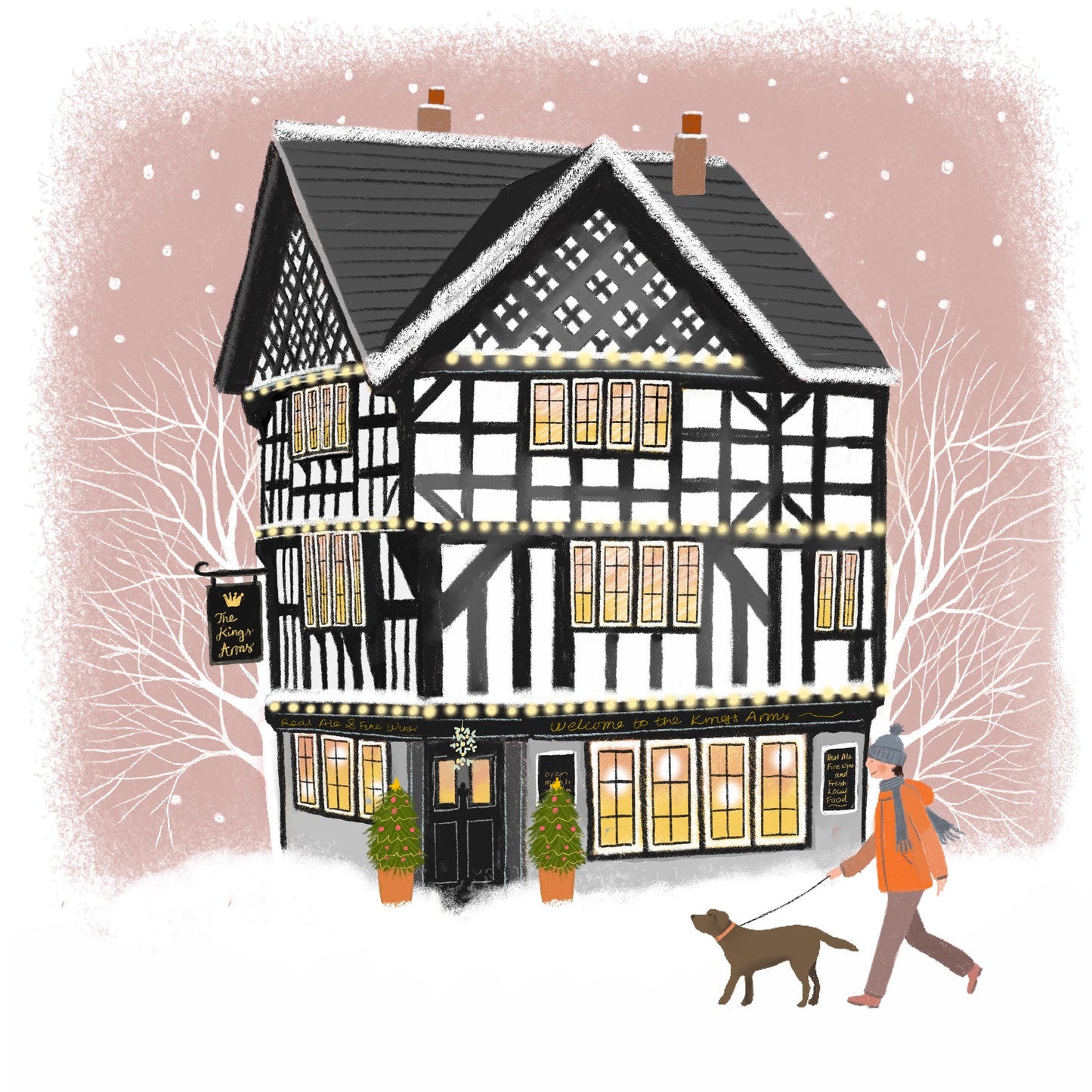 The Kings Arms Christmas Card. Christmas Shopfronts. Can be personalised. Traditional British Pub