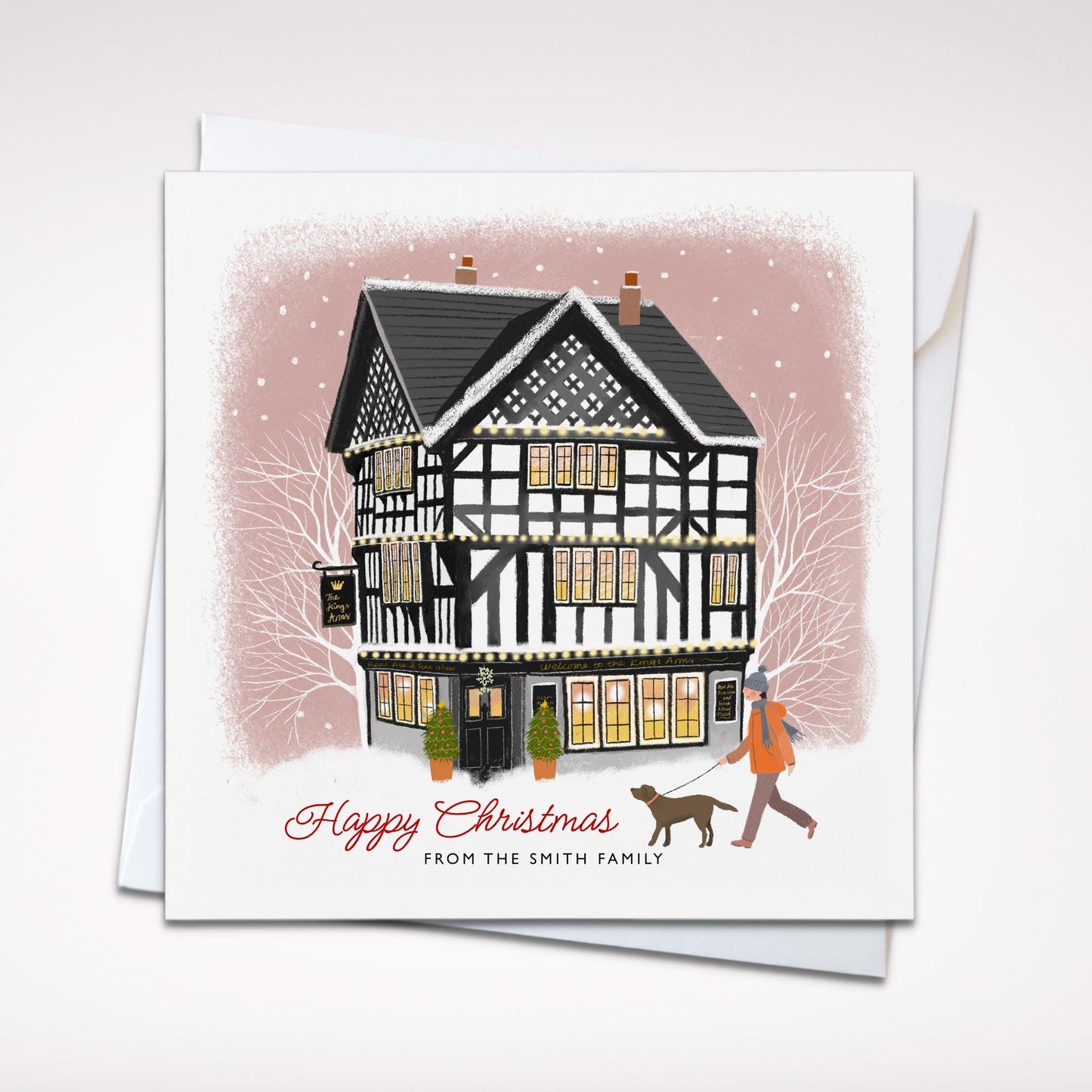 The Kings Arms Christmas Card. Christmas Shopfronts. Can be personalised. Traditional British Pub