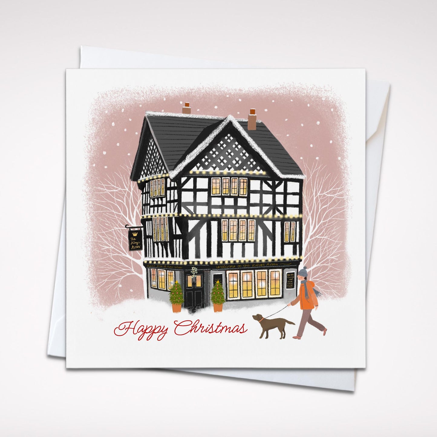 The Kings Arms Christmas Card. Christmas Shopfronts. Can be personalised. Traditional British Pub