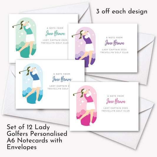 Pack of 12 Lady Captain/golfer personalised notecards - cream or white with matching envelopes envelopes. 3 each of 4 designs. Womens Golf.