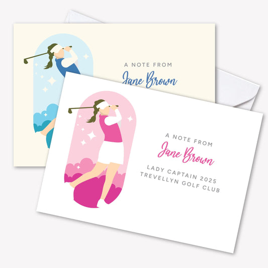 Pack of 12 Lady Captain/golfer personalised notecards - cream or white with matching envelopes envelopes. 3 each of 4 designs. Womens Golf.