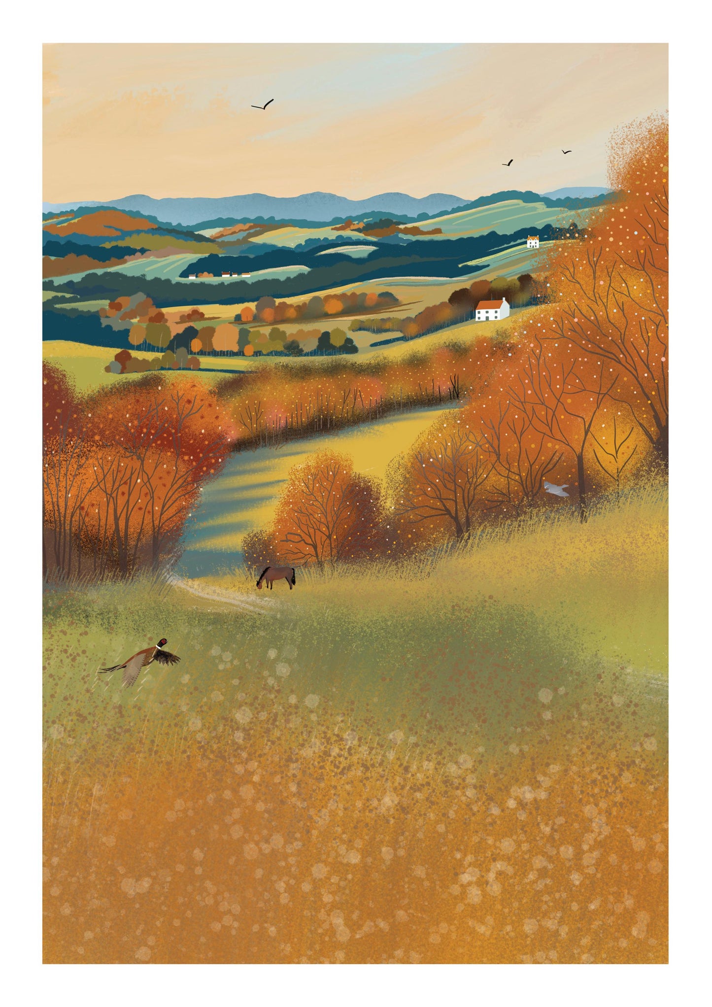 Autumn Valley Art Print. Warm and cozy art. British rural landscape. Original art. Print only or Framed