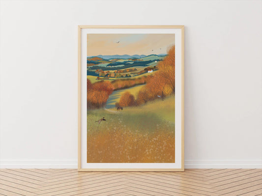 Autumn Valley Art Print. Warm and cozy art. British rural landscape. Original art. Print only or Framed