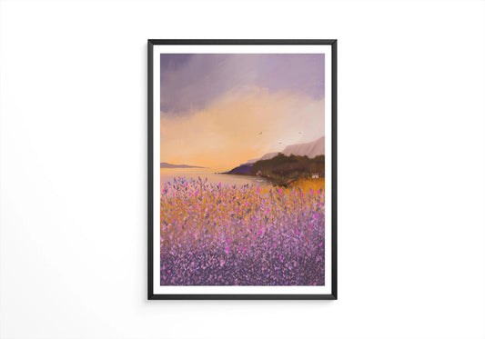 Golden Heather Scottish Landscape Art Print: Warm Coastal Decor