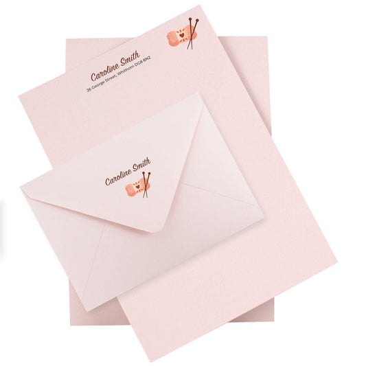 Knitters Personalised Notepaper & Envelopes - Stationery Set: Thick 140gsm A5 paper with matching printed envelopes. Pink, White or Almond