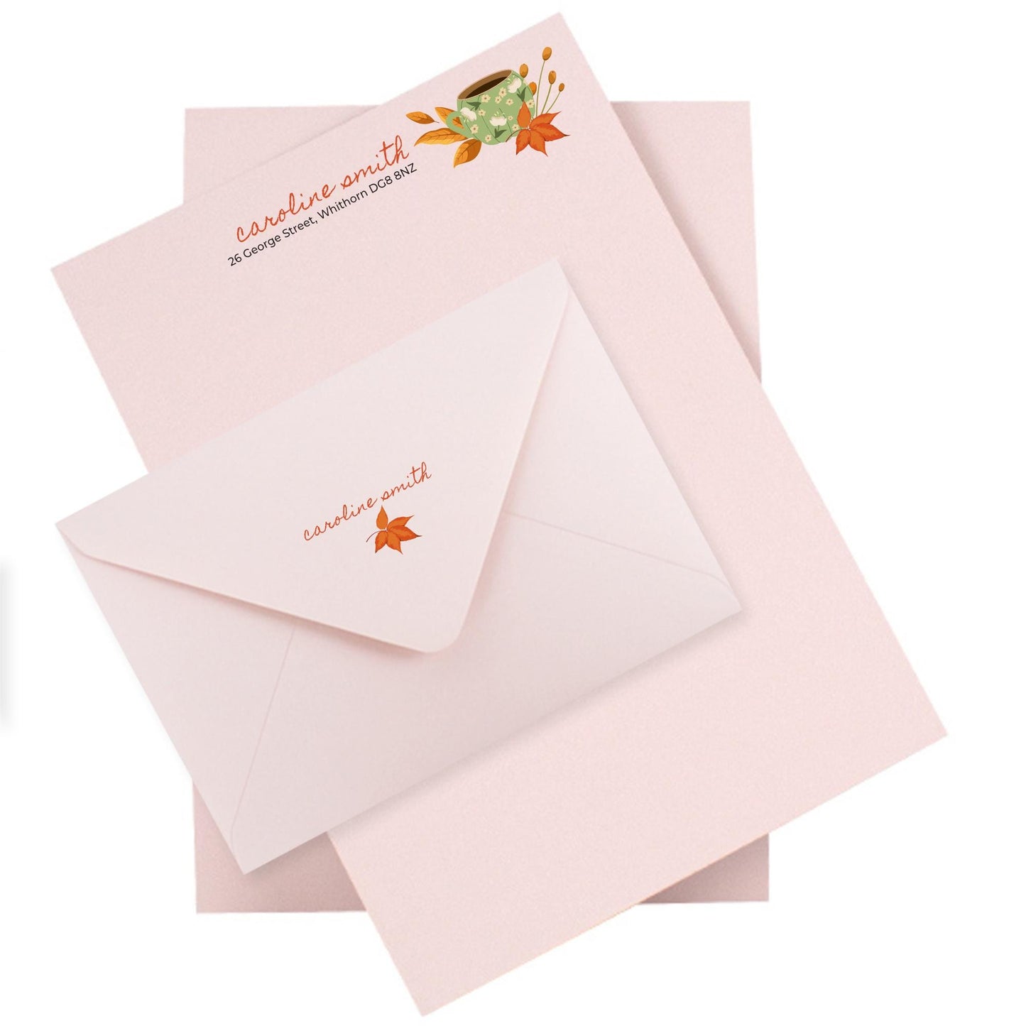 Cosy Autumn Notepaper & Envelopes - Personalised Stationery Set: Thick Luxury 140gsm A5 paper with matching printed envelopes.
