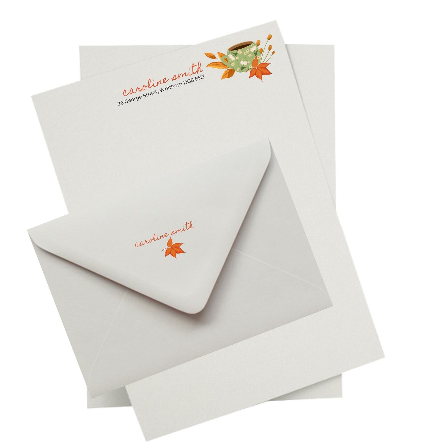 Cosy Autumn Notepaper & Envelopes - Personalised Stationery Set: Thick Luxury 140gsm A5 paper with matching printed envelopes.