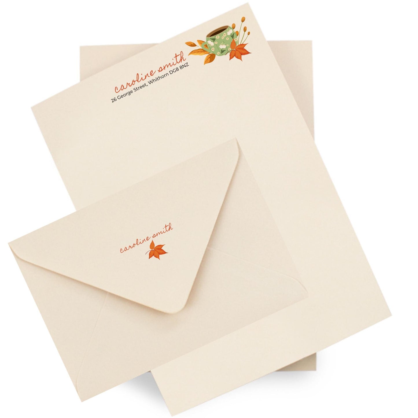 Cosy Autumn Notepaper & Envelopes - Personalised Stationery Set: Thick Luxury 140gsm A5 paper with matching printed envelopes.