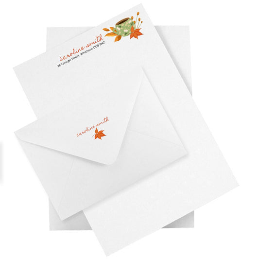 Cosy Autumn Notepaper & Envelopes - Personalised Stationery Set: Thick Luxury 140gsm A5 paper with matching printed envelopes.