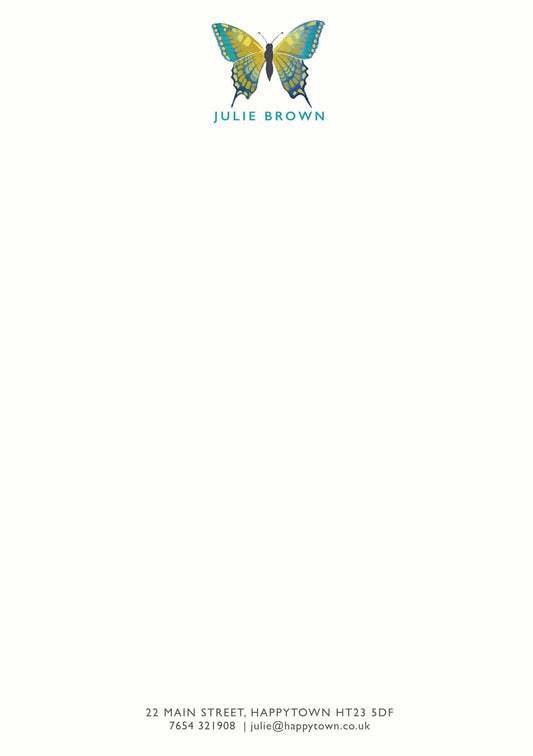 Personalised Blue Butterfly Stationery Set: A5 Writing Paper, Luxury Vintage Style Notepaper
