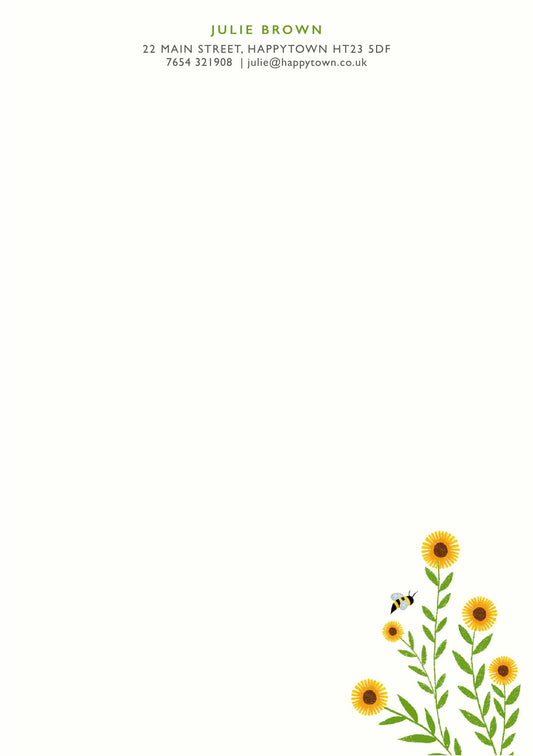 Personalised Sunflowers Stationery Set: A5 Writing Paper, Luxury Vintage Style Notepaper