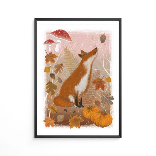 Autumn Fox Wall Art - autumn illustration with leaves, mushrooms & pumpkins.