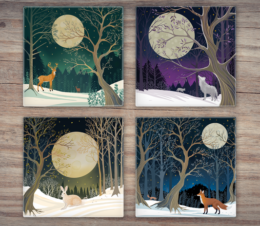 Winter Woodland Glass Coasters. Set of 4. William Morris inspired designs featuring forest wildlife.