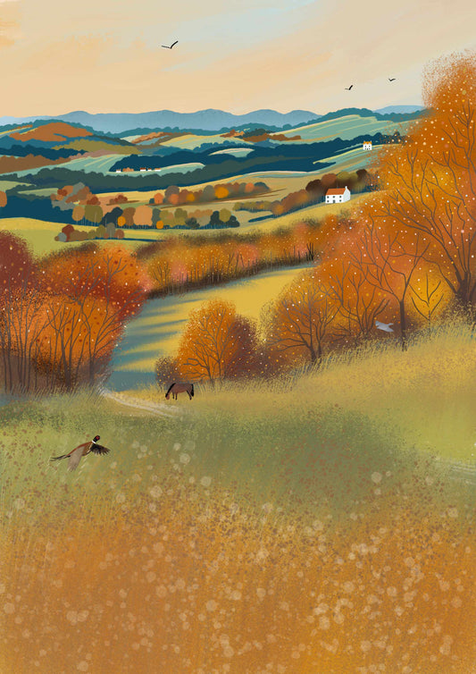 Autumn Valley Art Print. Warm and cozy art. British rural landscape. Original art. Print only or Framed